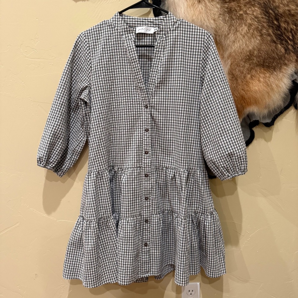 Petal +‎ Pup Daria Womens S/M Dress Gingham Tiered Grey Cottagecore Picnic Boho